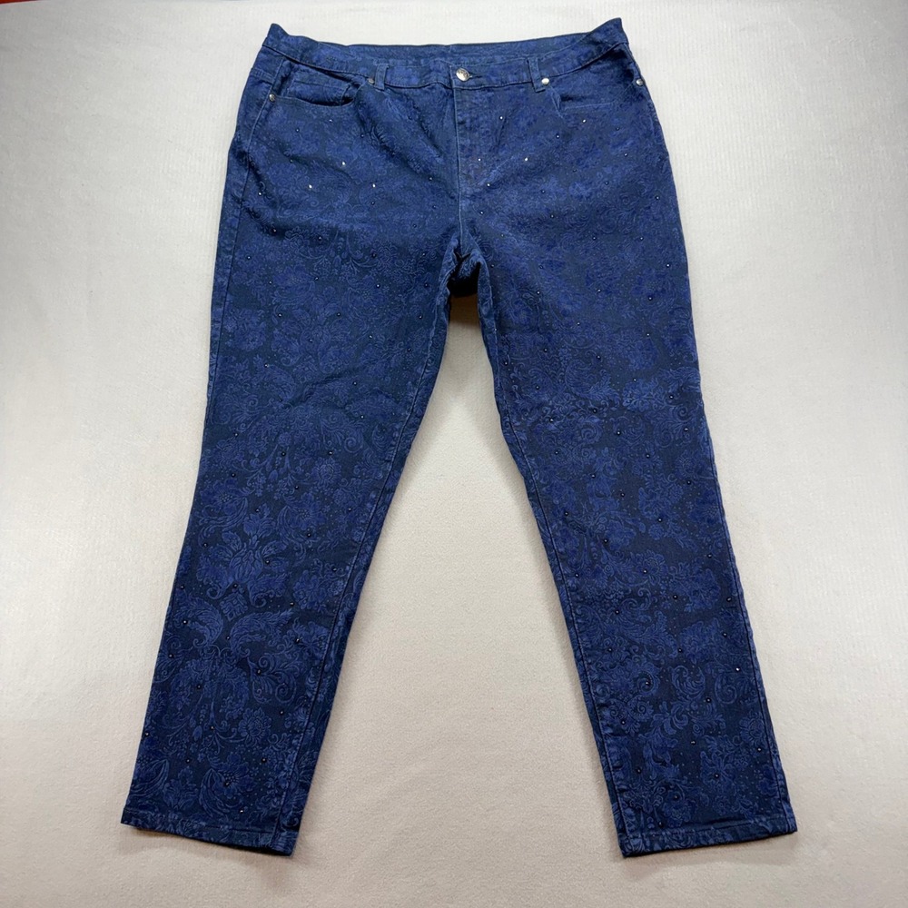 DG2 Diane Gilman Jeans Womens 20WT Blue Flocked Floral Rhinestone Straight Leg